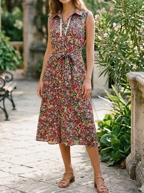 Tommy Hilfiger Floral Sleeveless Midi Shirt Dress Belted Classic Casual❤️